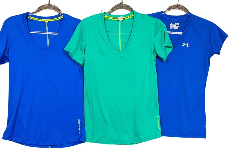 UNDER ARMOUR Women Heat Gear Shirt Tee 3 pc LOT Sm Blue Green Workout Athleisure